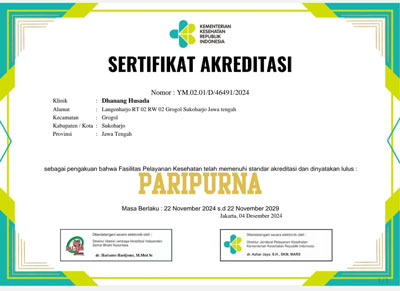 Sertifikat Akreditasi Paripurna Dhanang Husada dari Kemenkes RI